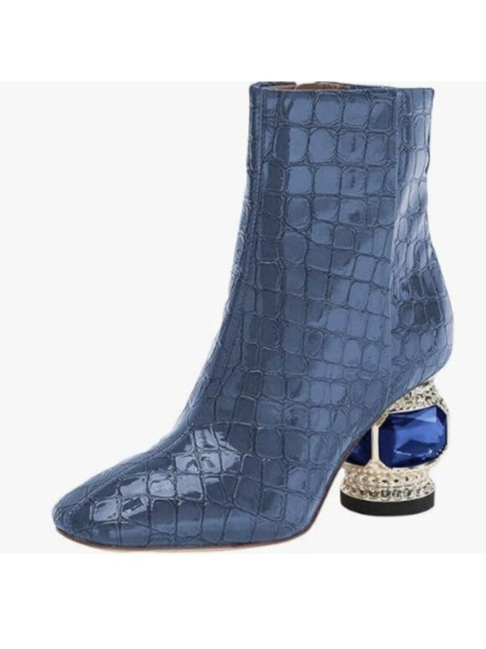 XYD Women Gorgeous Mid Low Chunky Crystal Gem Heel Ankle Boots Navy Stone Patter